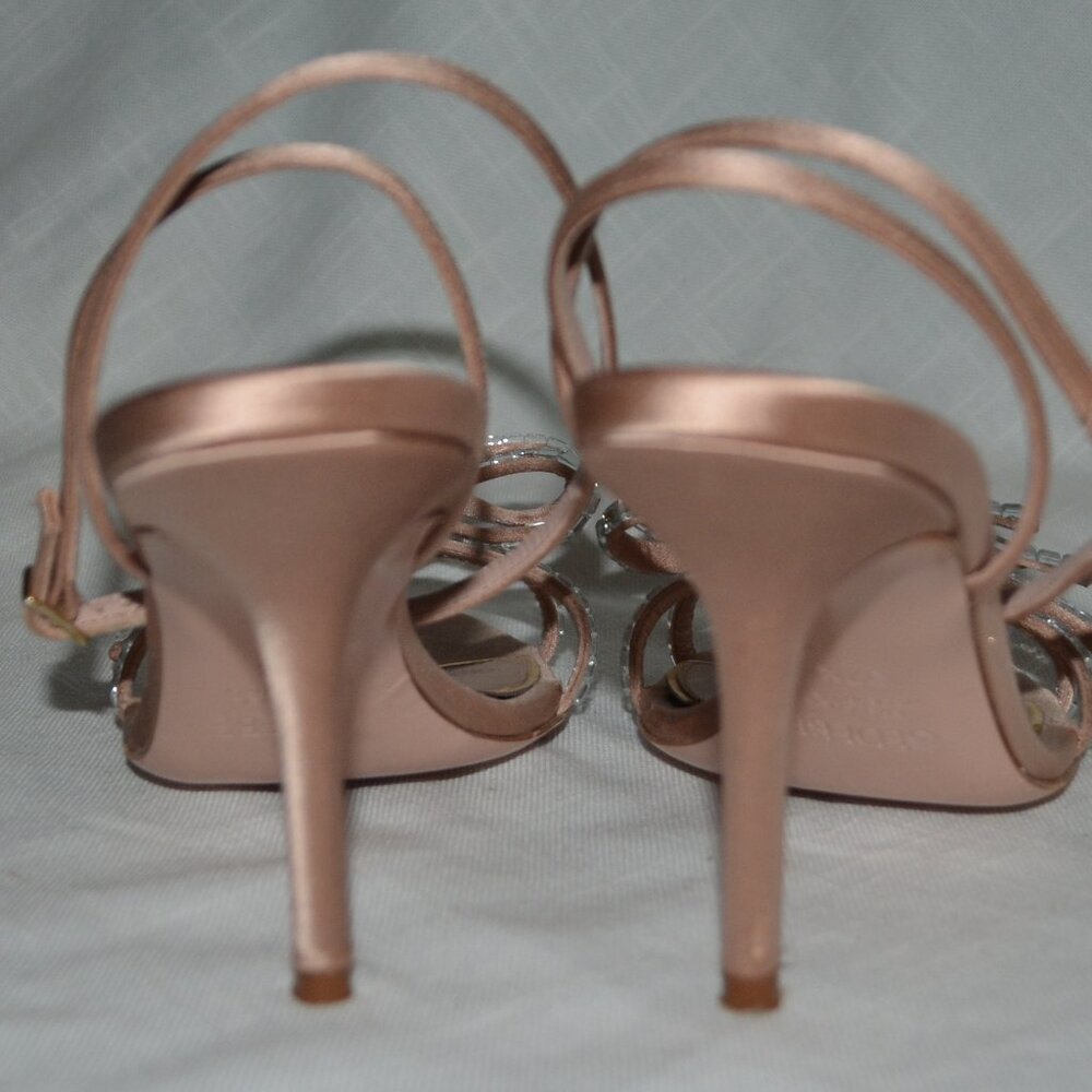 Sz 37.5 Gedebe Cecile Satin Nude Rhinestone Bow Detail 3.5" Strappy Heels - Picture 6 of 9